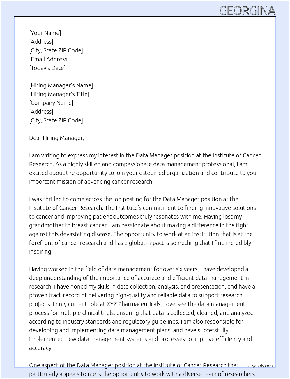 Data Manager At Institute of Cancer Research Cover Letter