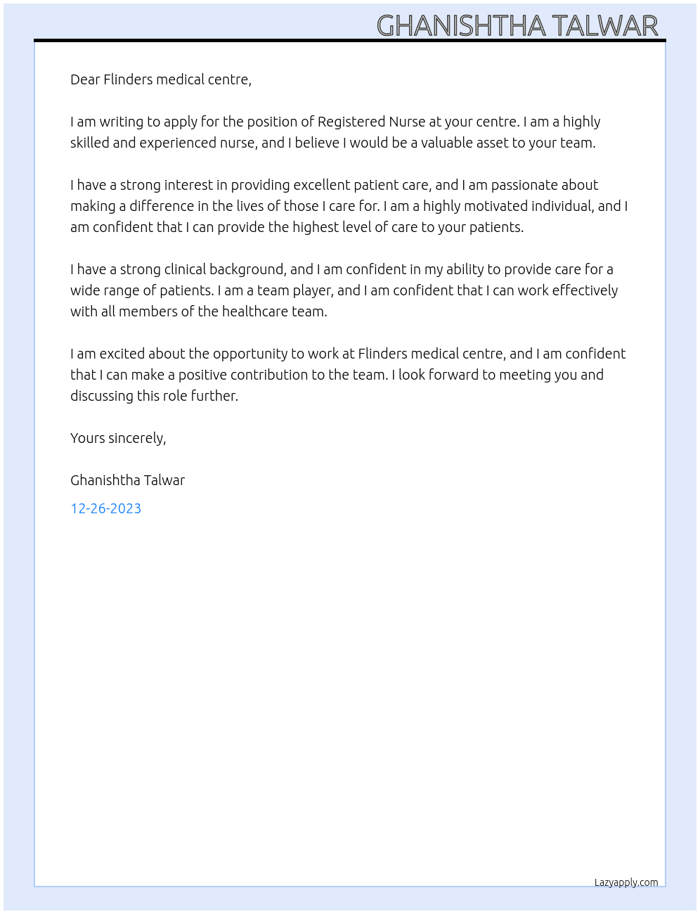 Registered Nurse  At Flinders medical centre  Cover Letter