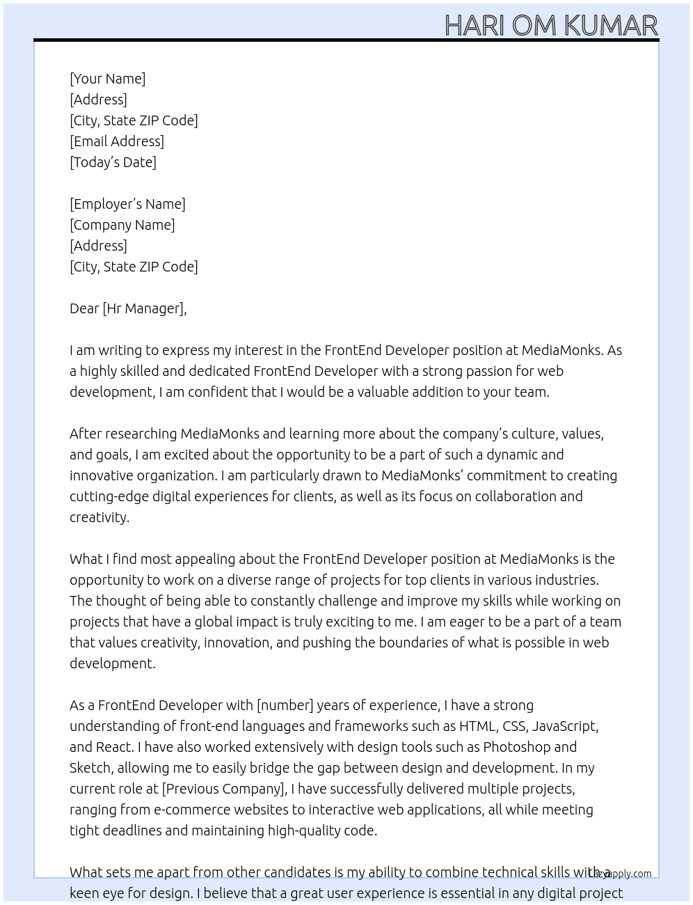 FrontEnd Developer At MediaMonks Cover Letter