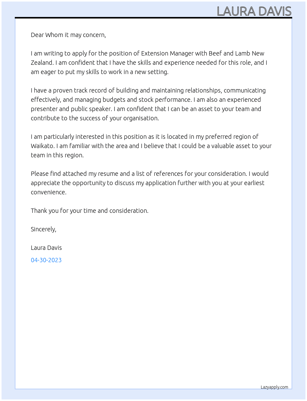 Extension Manager At Beef and Lamb New Zealand Cover Letter