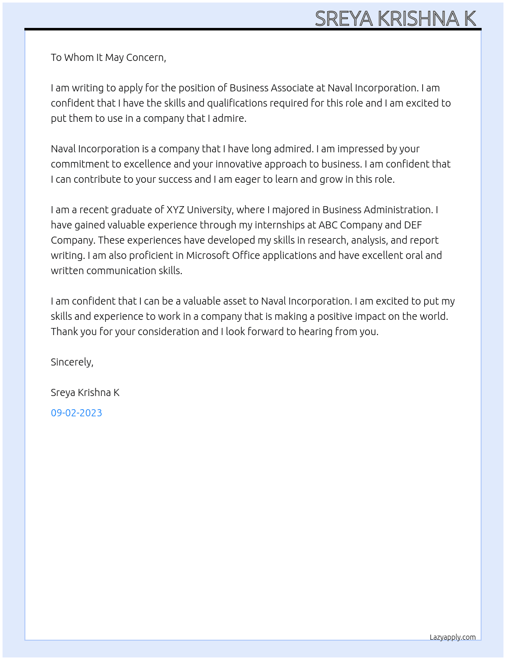 Business associate  At Naval incorporation  Cover Letter