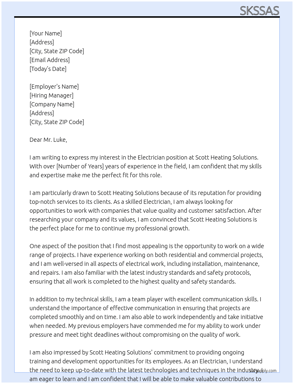 Electrician At Scott Heating Solutions Cover Letter