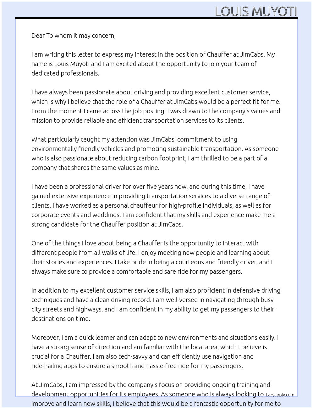 chauffer  At JimCabs Cover Letter