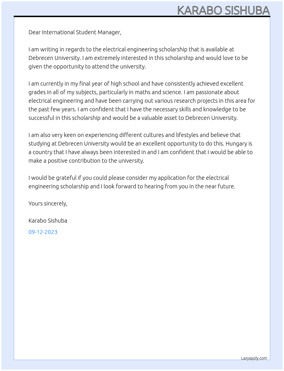 Electrical Engineering Scholarship  At Debrecen University  Cover Letter