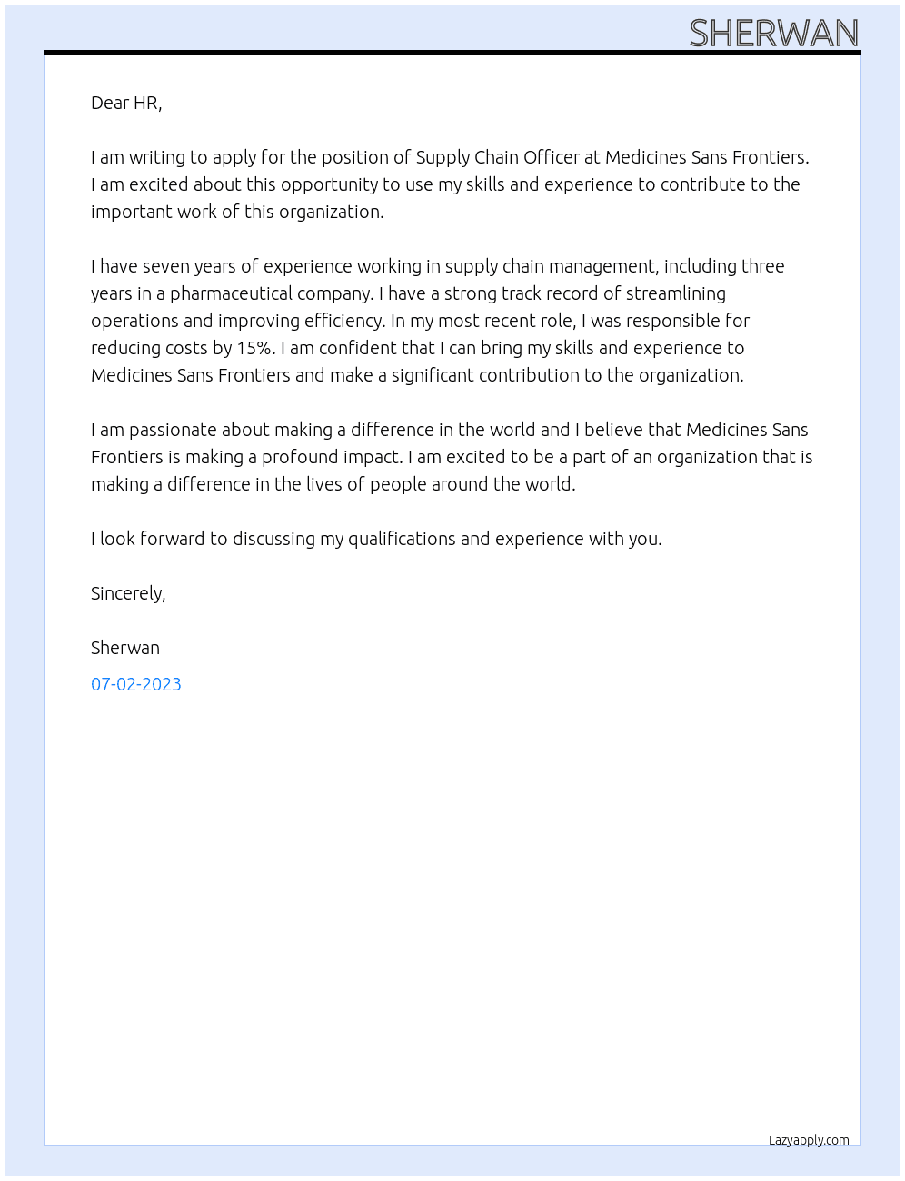 supply chain officer At medicines sans frontiers Cover Letter