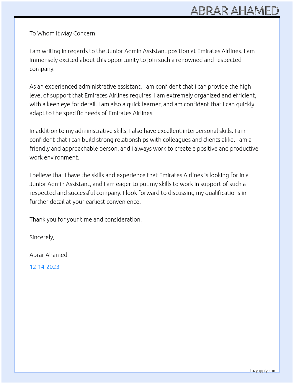 Junior Admin Assistant At Emirates Airlines  Cover Letter