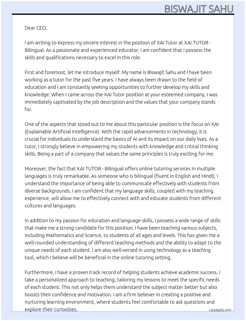 XAI Tutor At XAI TUTOR - Bilingual Cover Letter