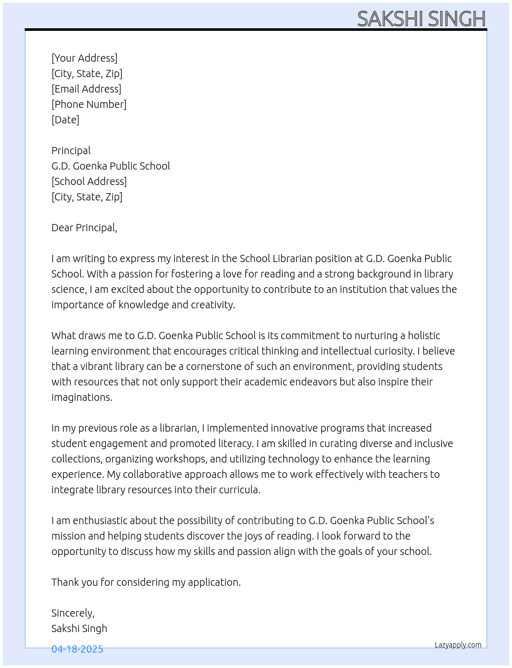 school librarian At G.D Goenka Public School Cover Letter