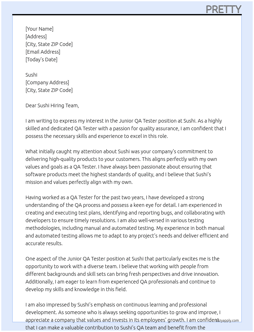 Junior QA Tester At Sushi Cover Letter