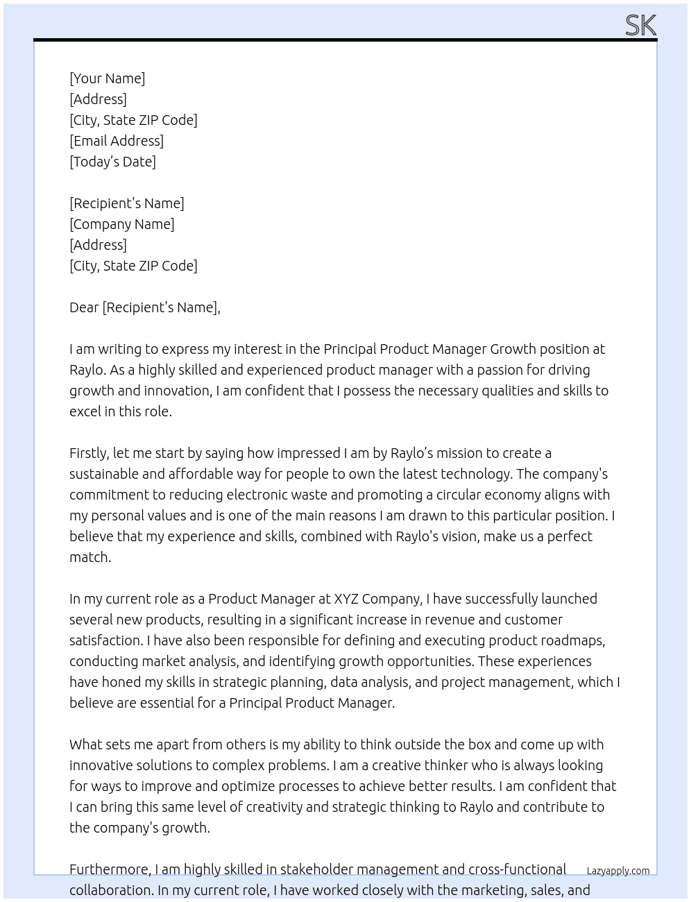 Principal product manager growth At Raylo Cover Letter
