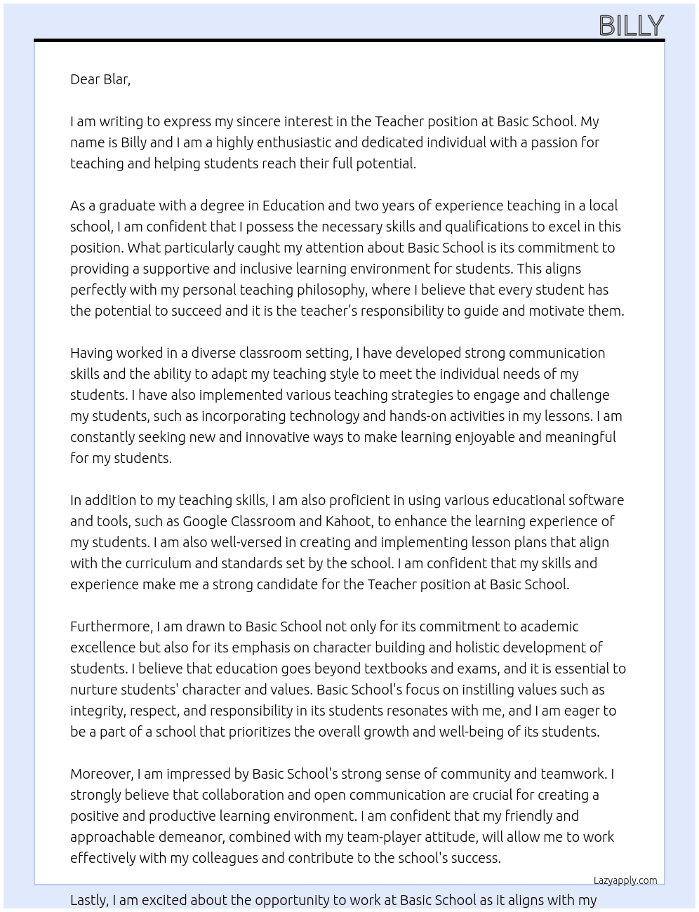 Teacher At Basic school Cover Letter