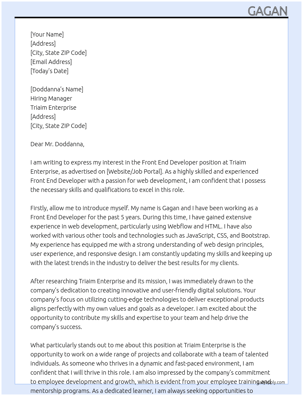 front end developer At triaim enterprise Cover Letter