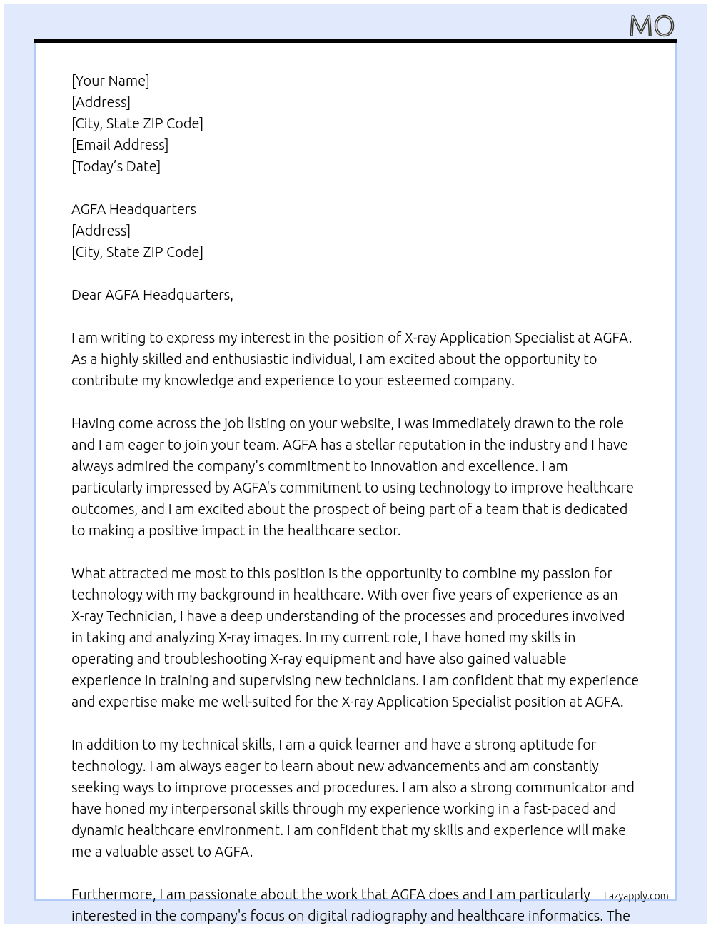 xray application specialist At AGFA Cover Letter