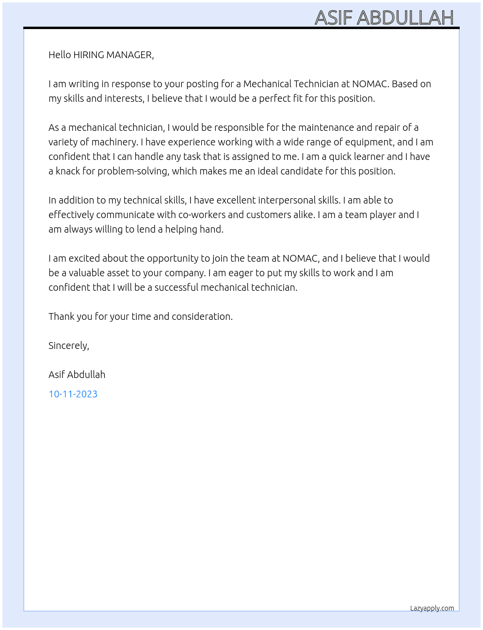Mechanical Technician At NOMAC Cover Letter
