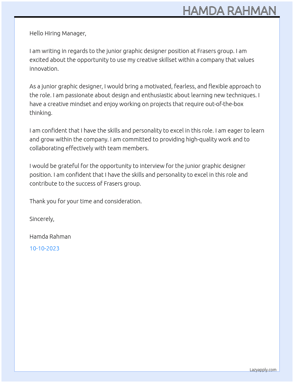 Junior graphic designer  At Frasers group  Cover Letter