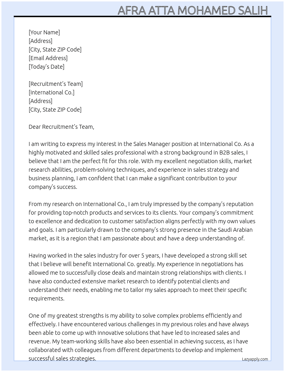 Sales Manager  At International Co.  Cover Letter