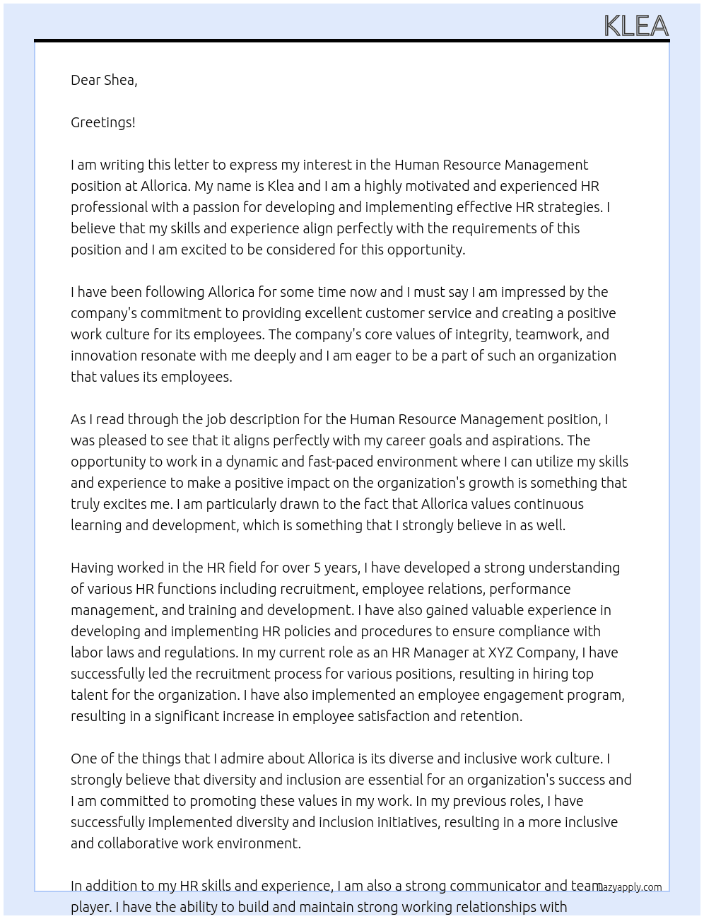 Human Resource Management  At allorica Cover Letter