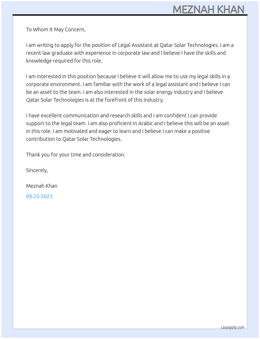 legal assistant  At qatar solar technologies Cover Letter