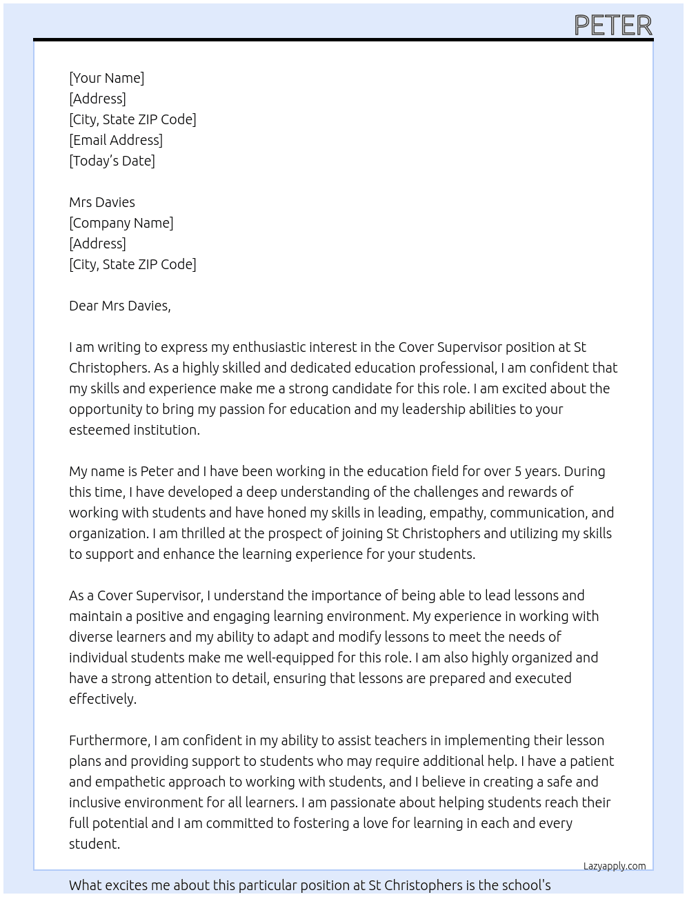 Cover letter for cover supervisor - LazyApply