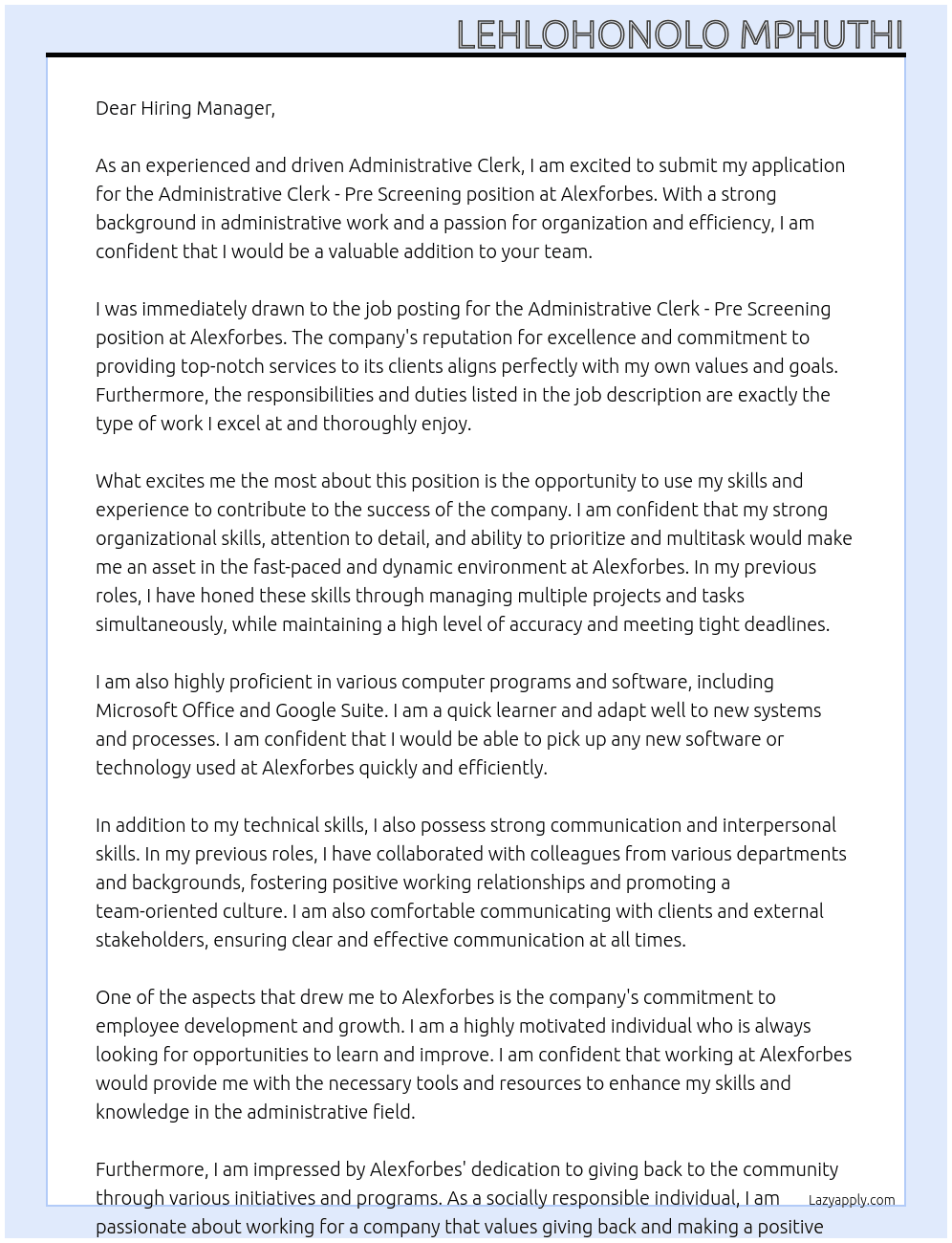Admin Clerk- pre screening At Alexforbes  Cover Letter