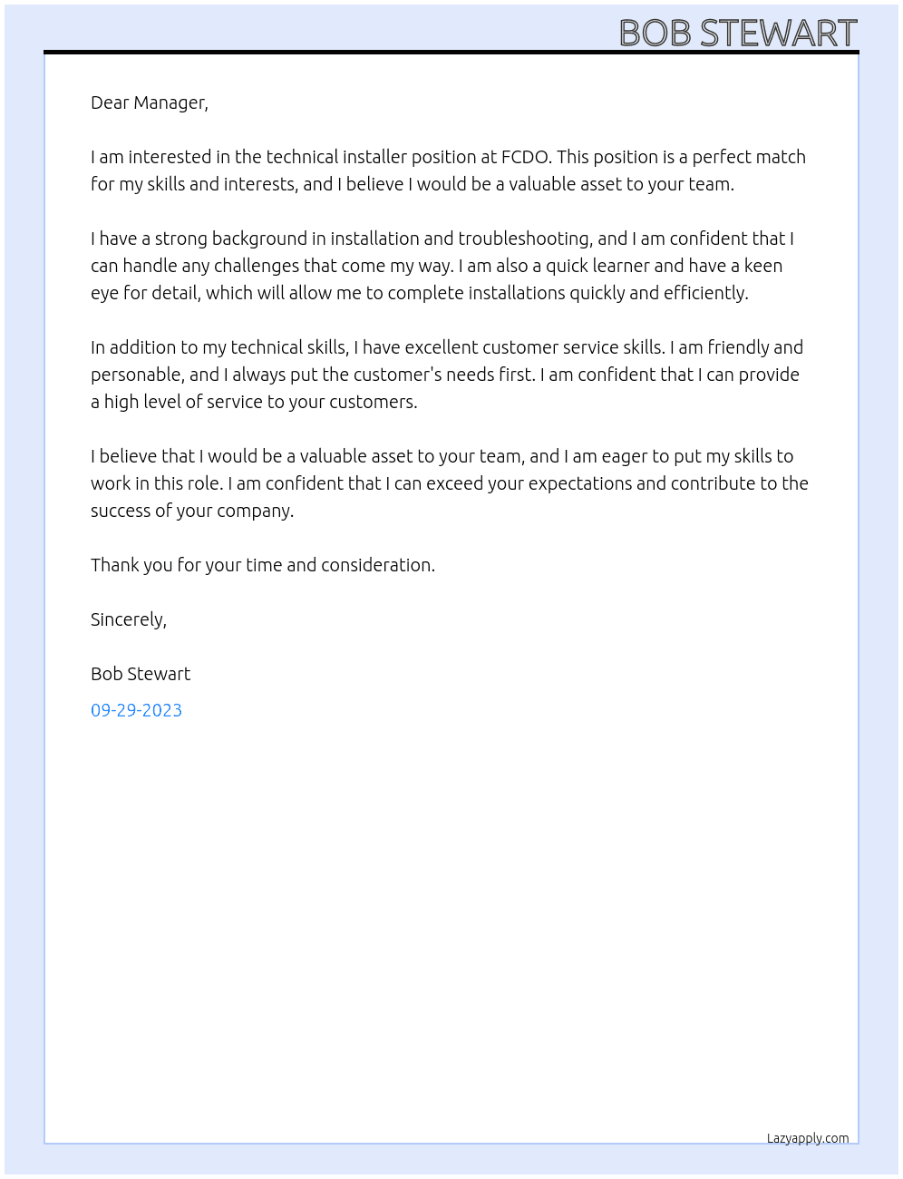 Technical Installer At FCDO Cover Letter