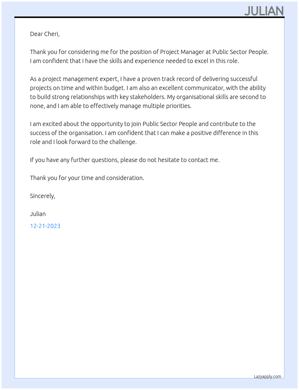 Project Manager At Public Sector People Cover Letter