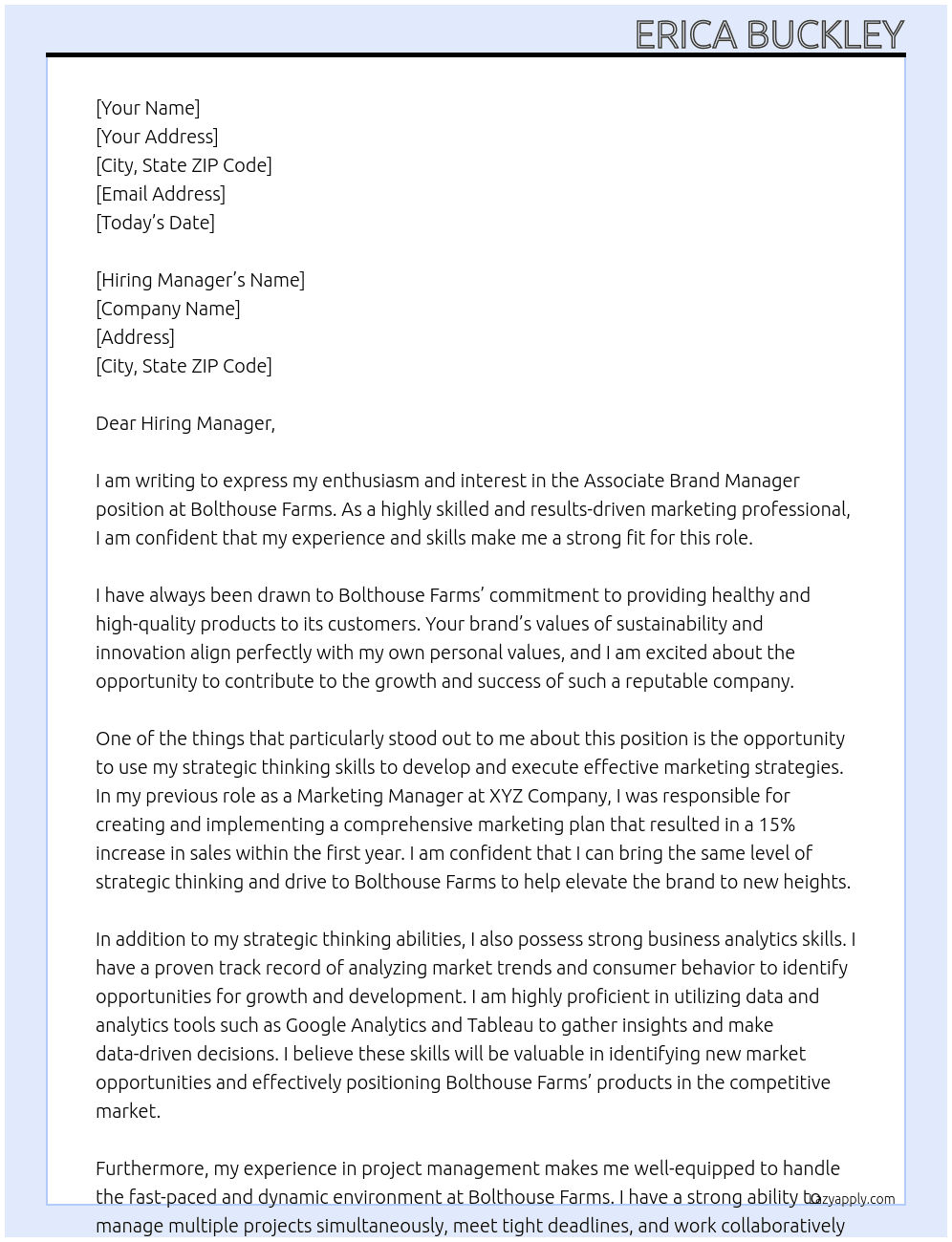 Associate brand manager At Bolthouse Farms Cover Letter