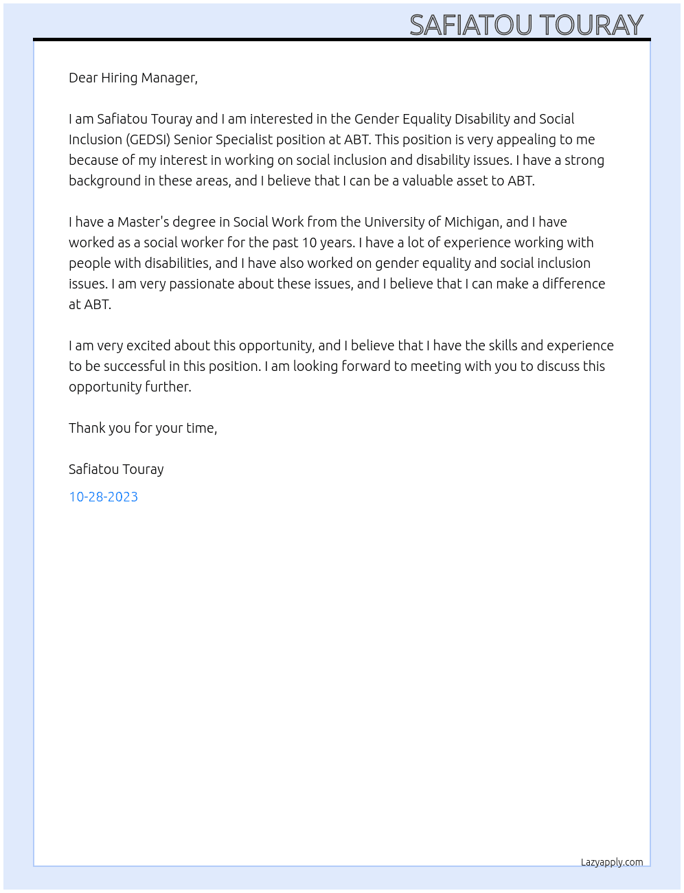 Gender Equality Disability and Social Inclusion (GEDSI) Senior Specialist At ABT Cover Letter