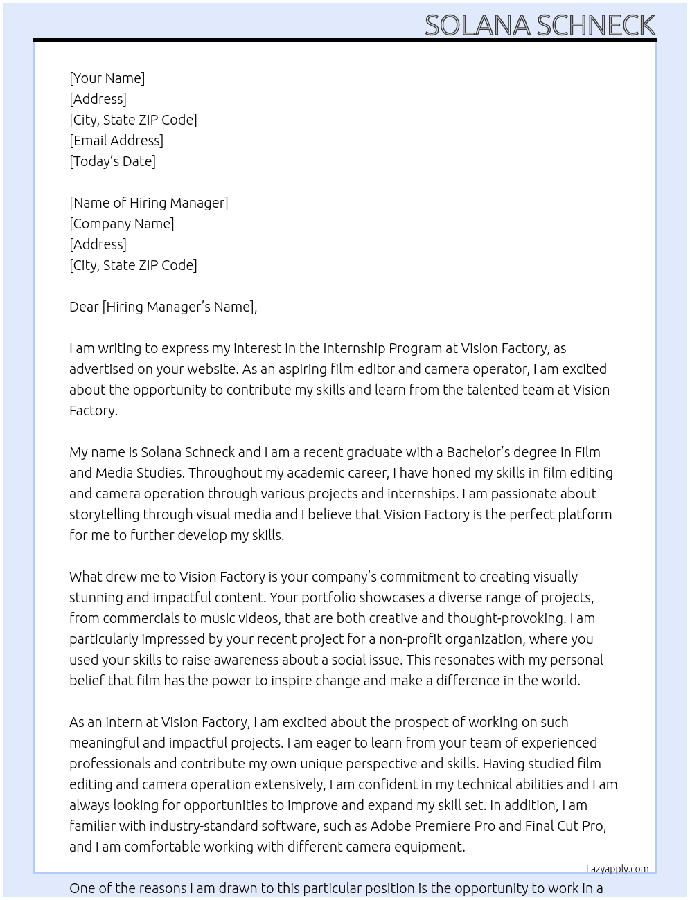 Internship program At Vision factory  Cover Letter
