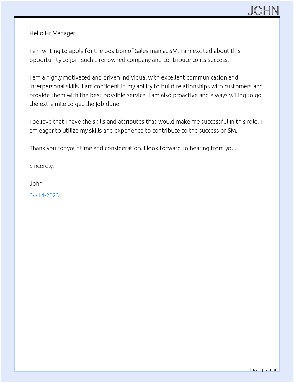 Sales man At SM Cover Letter
