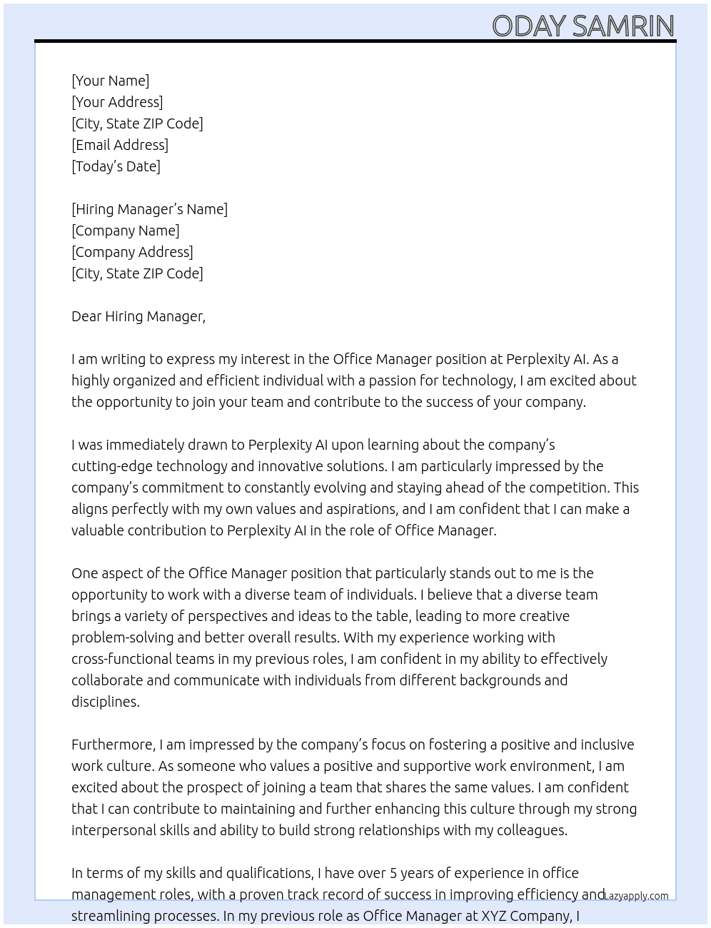 Office Manager At Perplexity AI Cover Letter