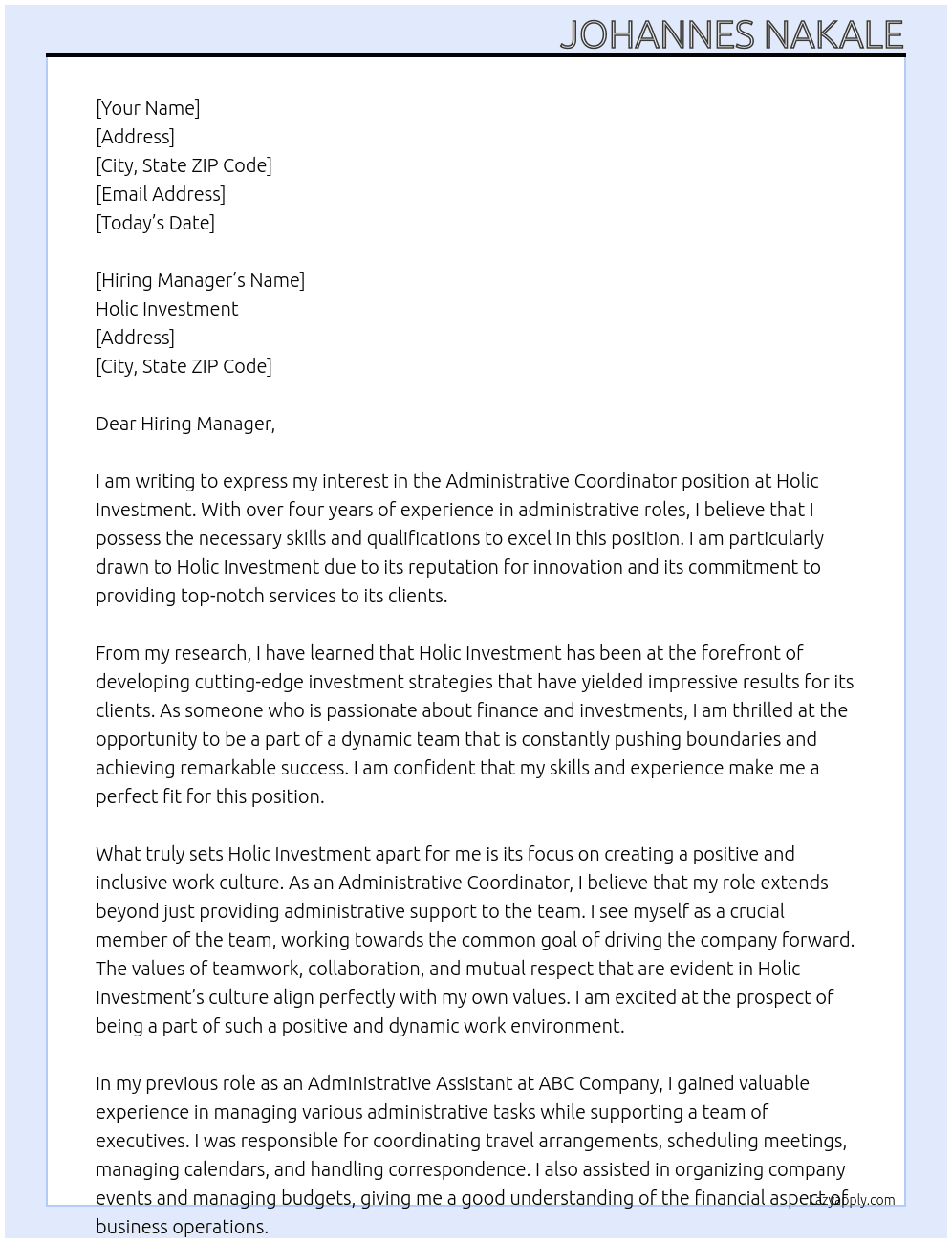Administrative coordinator  At Holic Investment Cover Letter