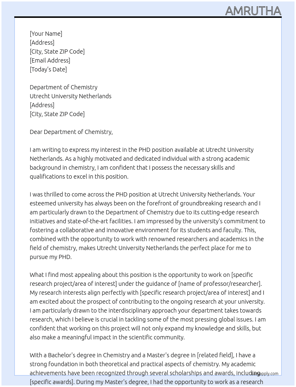 PHD position  At Utrecht University Netherlands  Cover Letter