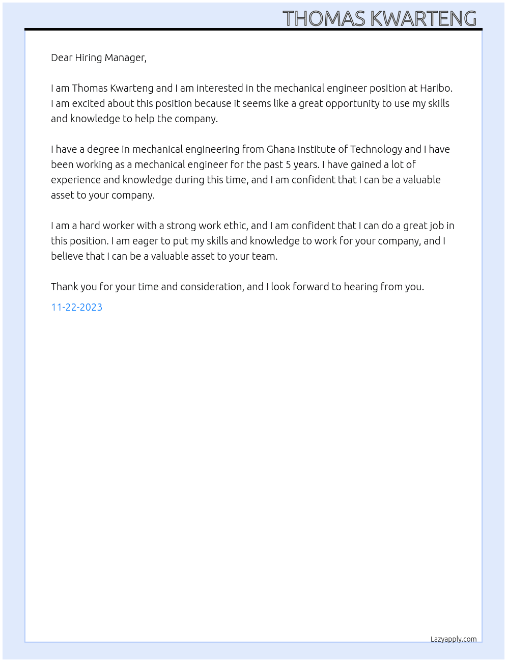 mechanical engineer At Haribo Cover Letter