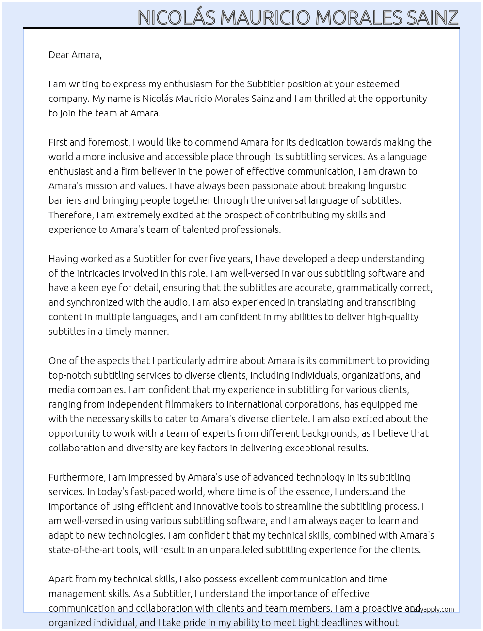 Subtitler At Amara Cover Letter
