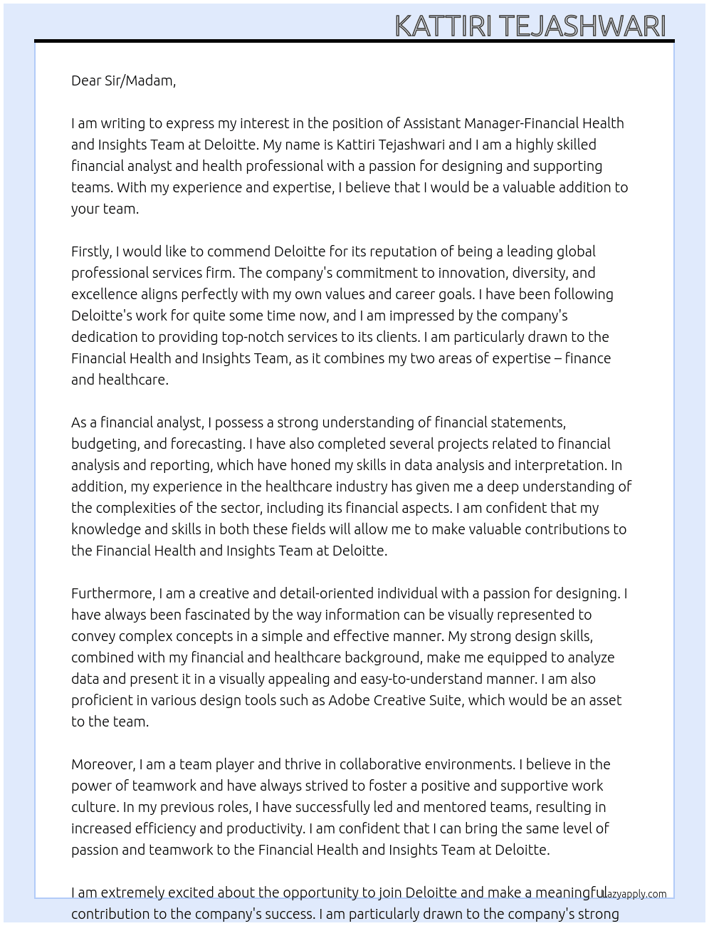 Cover letter for assistant manager-financial health and insights team - LazyApply