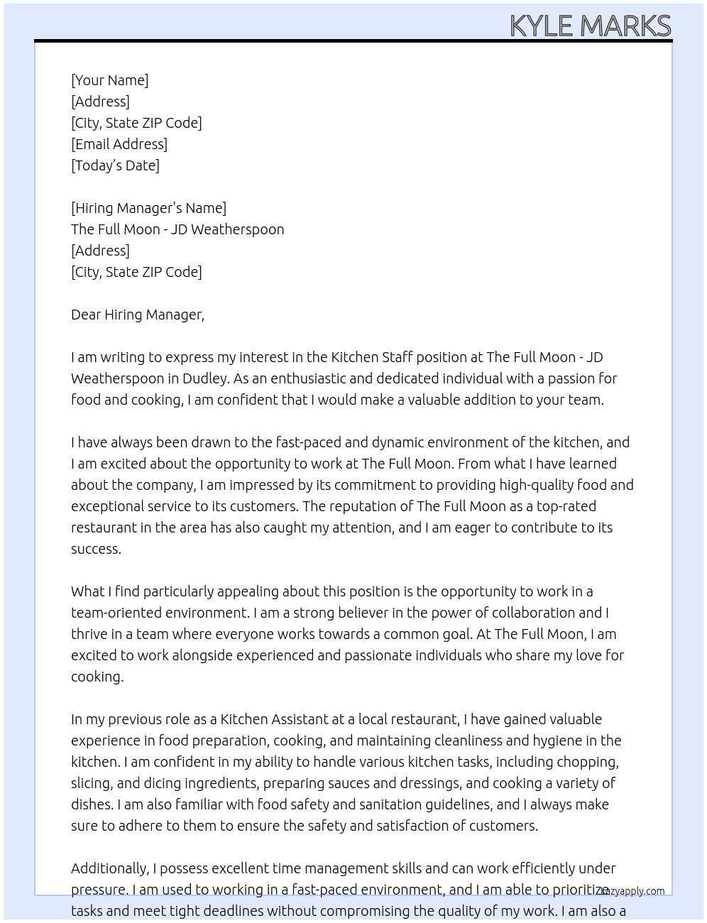 Kitchen Staff At The Full Moon - JD Weatherspoon Cover Letter