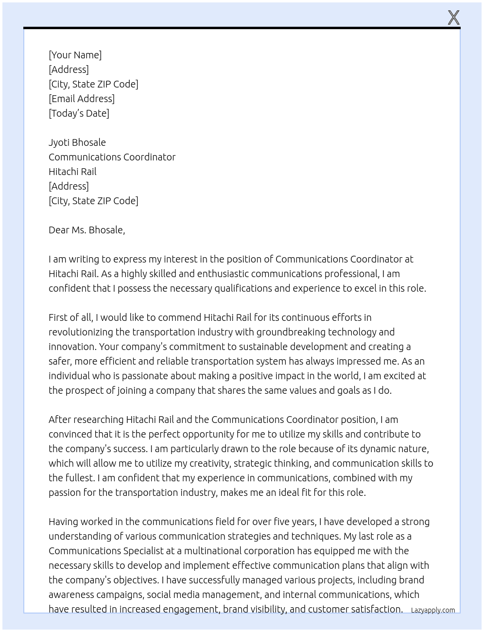 Communications Coordinator At Hitachi Rail Cover Letter