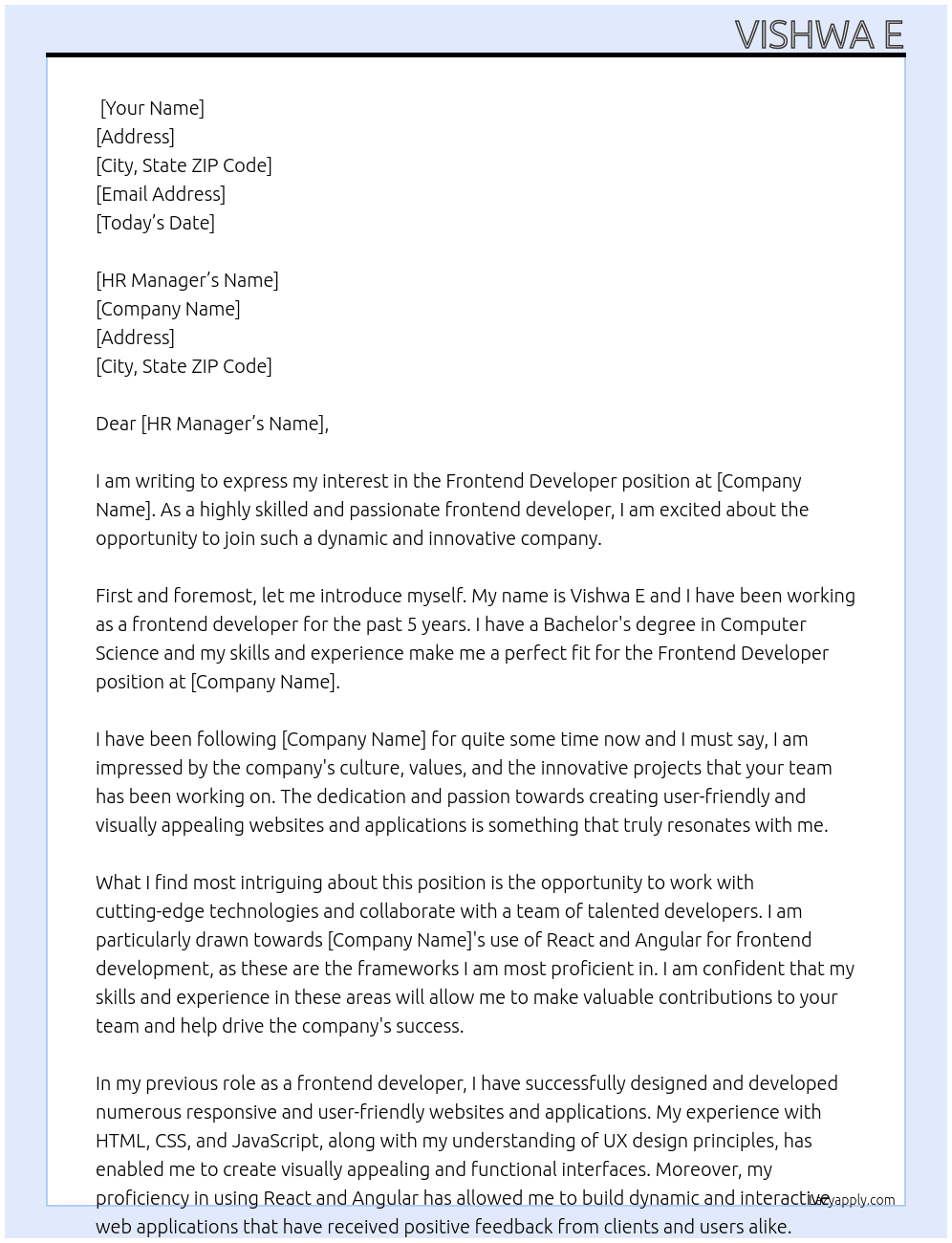 Fronetend devloper At frontend devloper Cover Letter