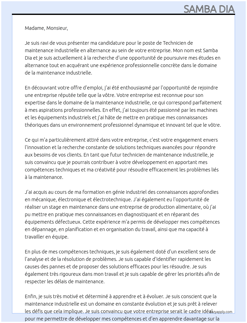 Technicien de maintenance industrielle en alternance  At Votre entreprise  Cover Letter