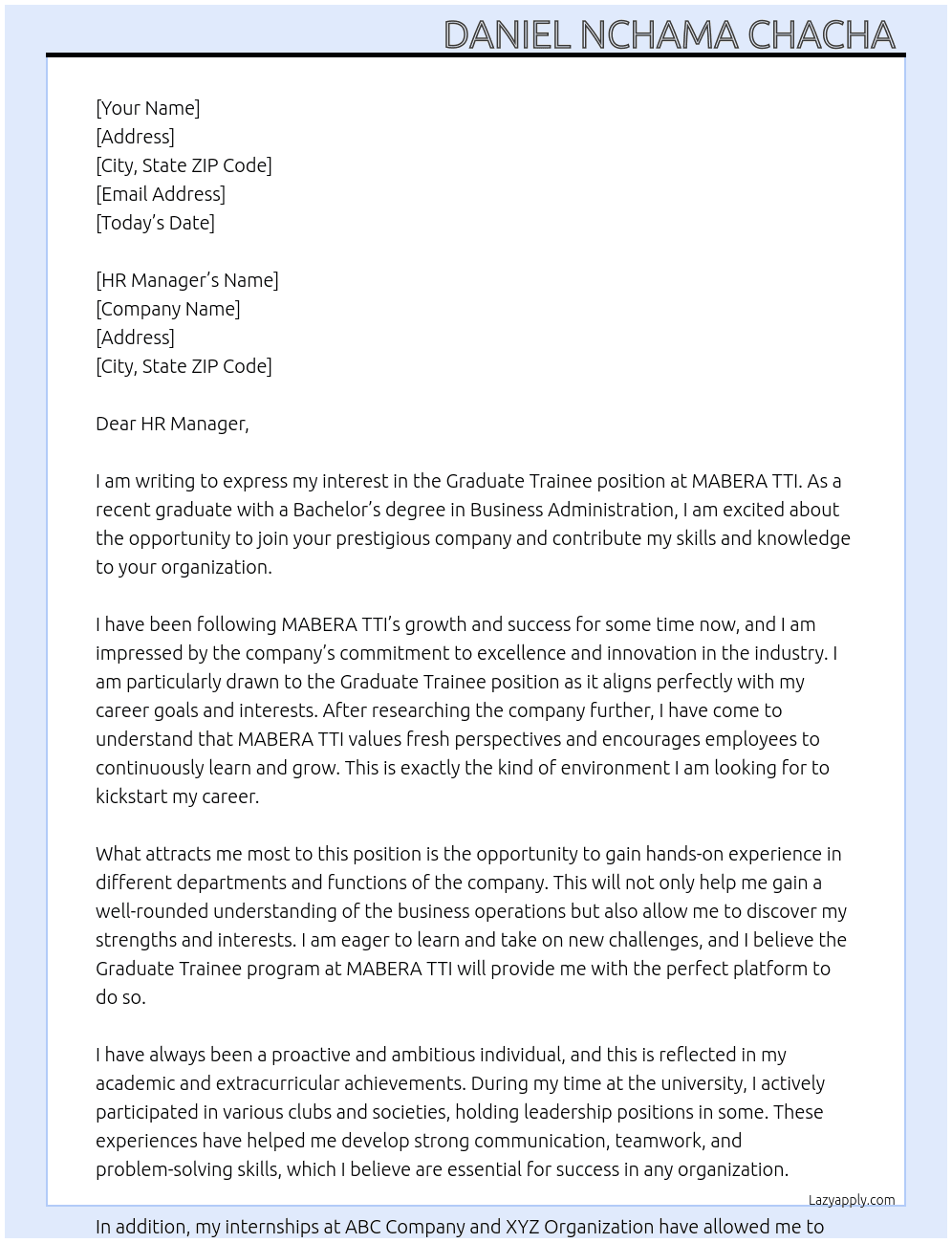 Graduate Trainee At MABERA TTI Cover Letter
