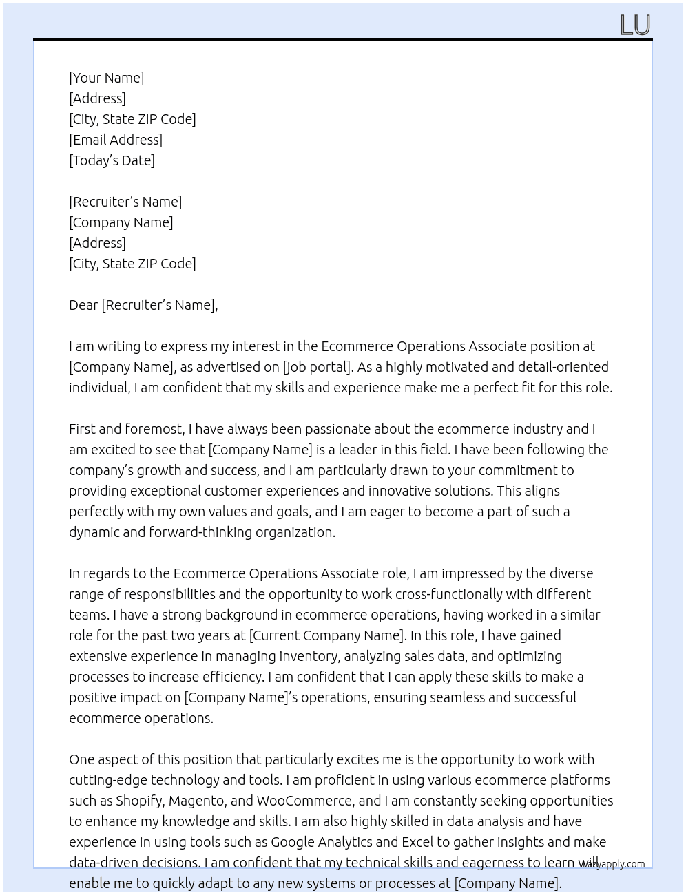 Ecommerce Operations Associate At lu Cover Letter