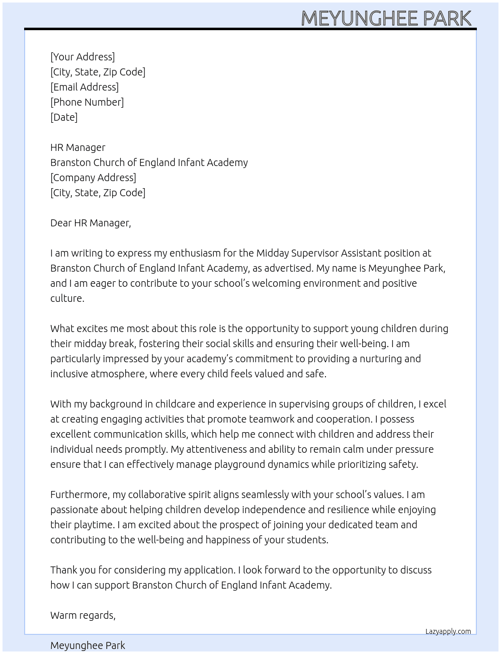 Cover letter for a midday supervisor assistanst - LazyApply