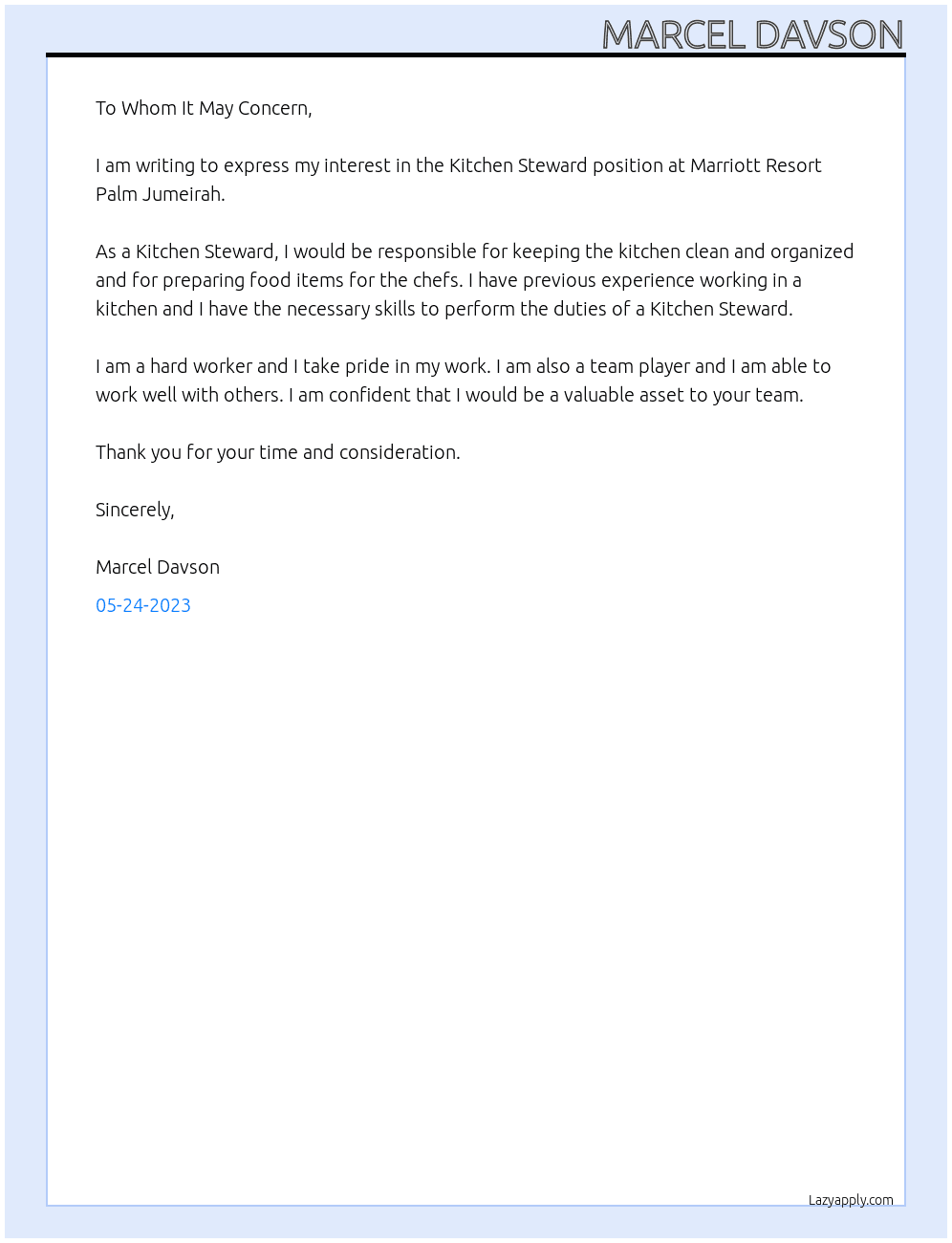 KITCHEN STEWARD At Marriott Resort Palm Jumeirah Cover Letter