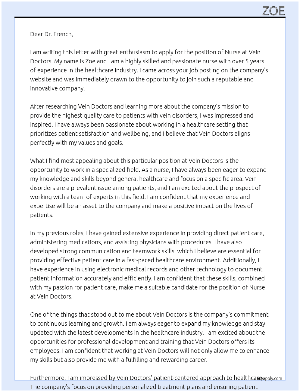Nurse At Vein Doctors Cover Letter
