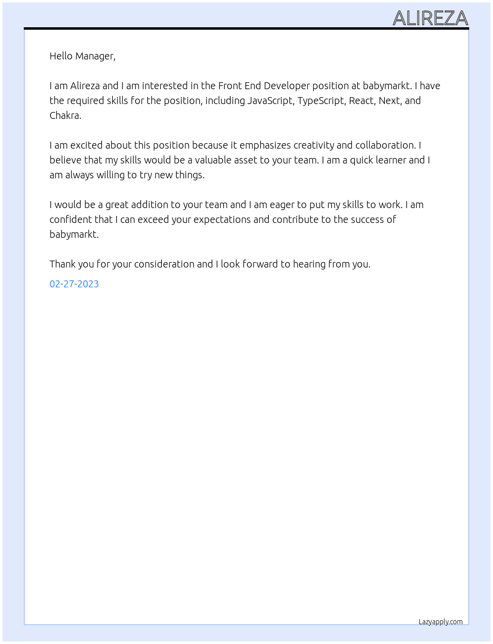 Front End Developer At babymarkt Cover Letter