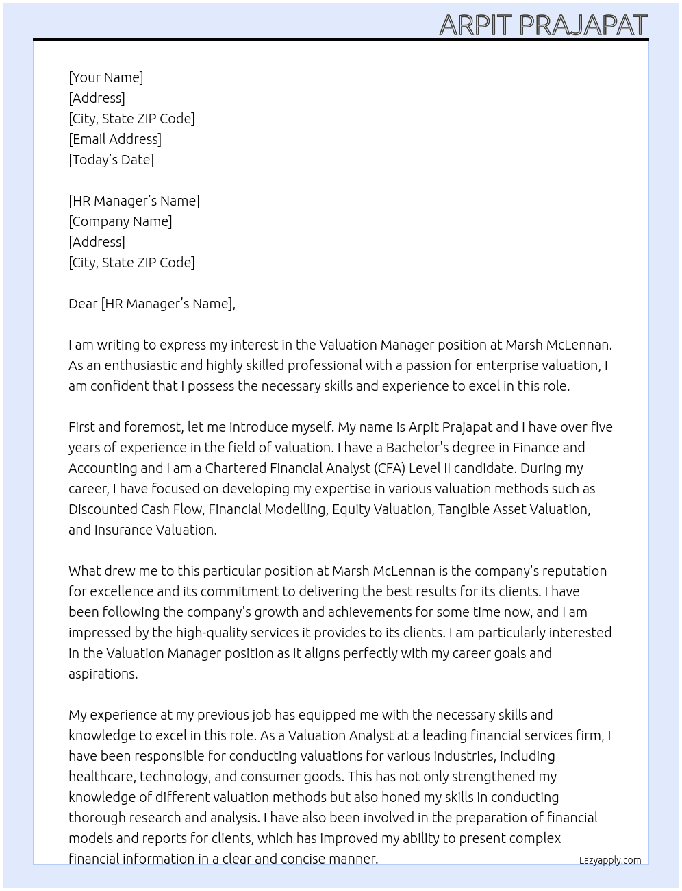 Valuation Manager At Marsh McLennan Cover Letter