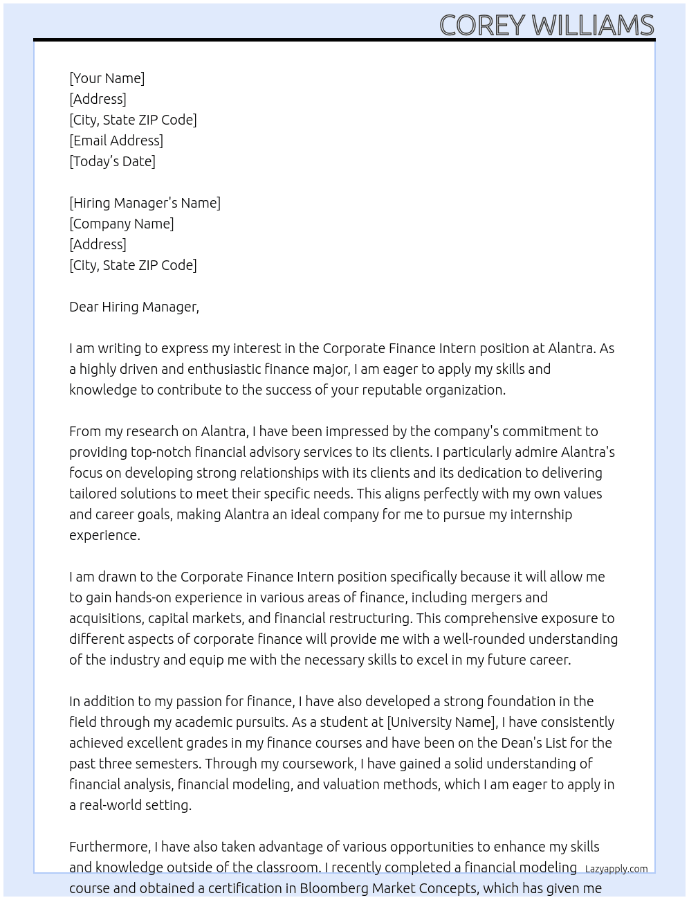 Corporate Finance Intern At Alantra Cover Letter