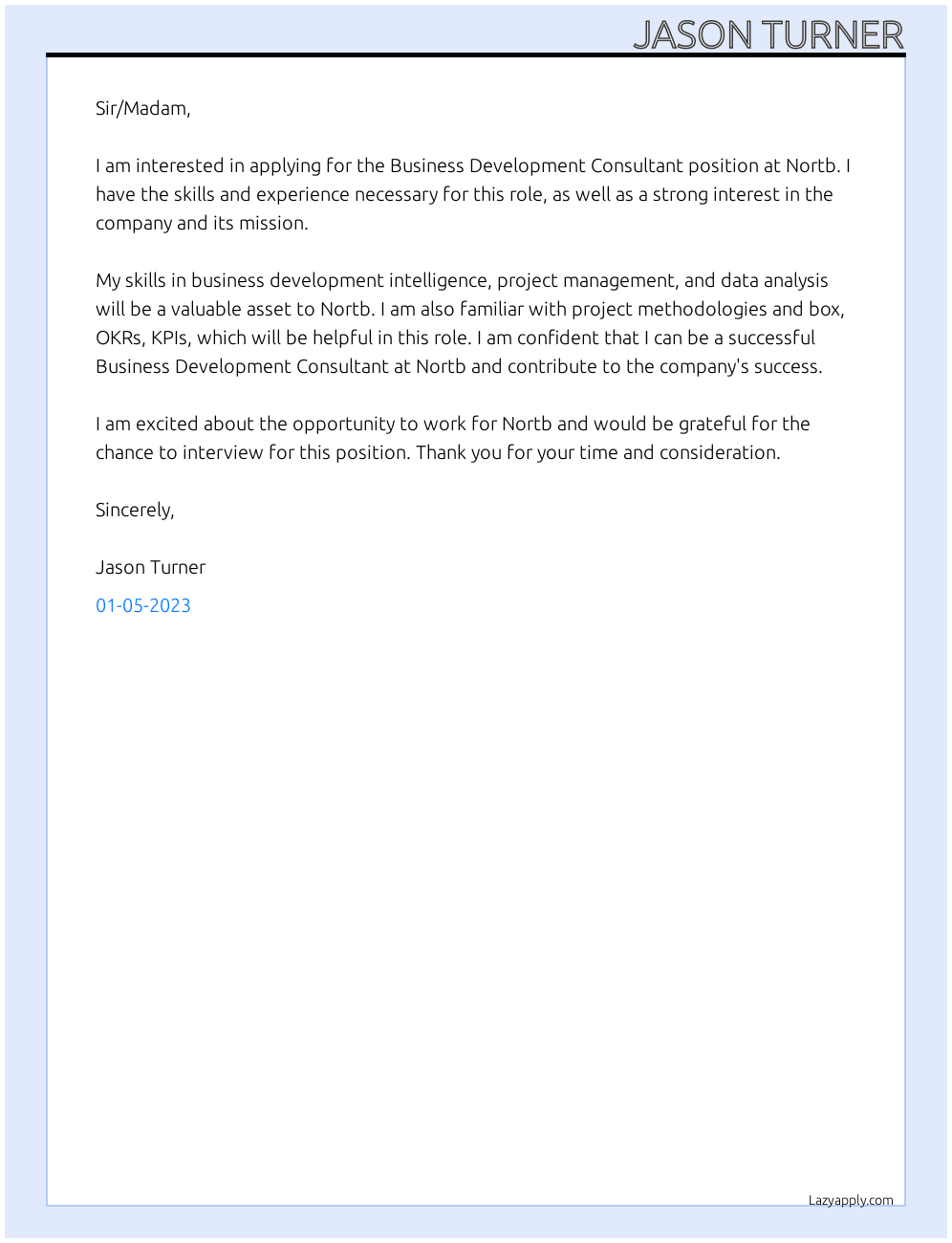 Business Development Consultant At Nortb Cover Letter