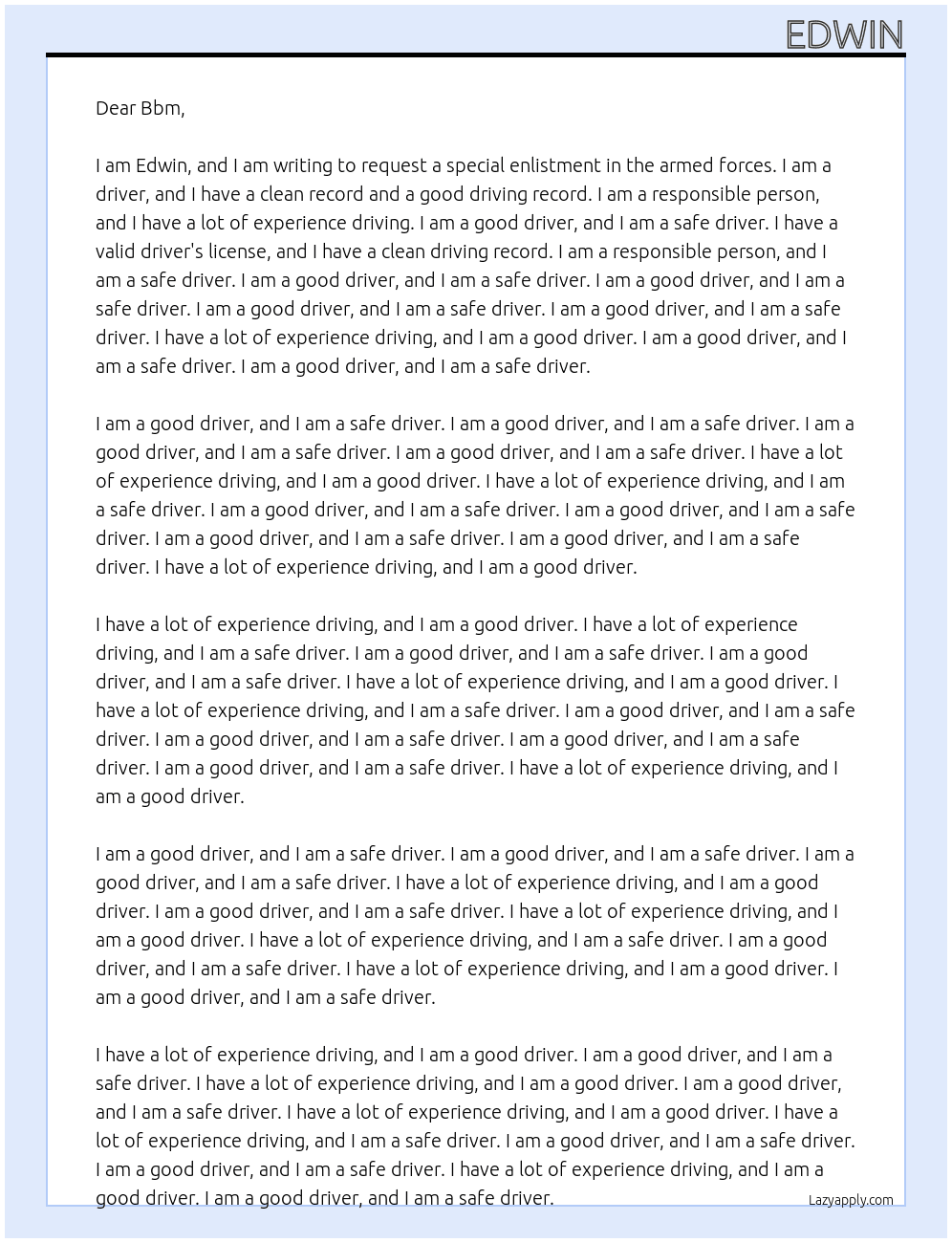 Driver At Recommendation request for special enlistment in armed forces Cover Letter